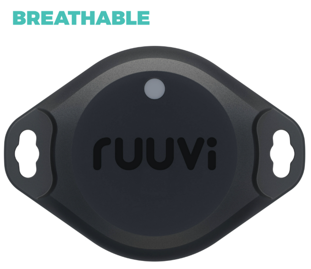 RuuviTag Pro 3 in 1 sensor, black eared sensor with a ruuvi logo and two slots, with a Breathable heading