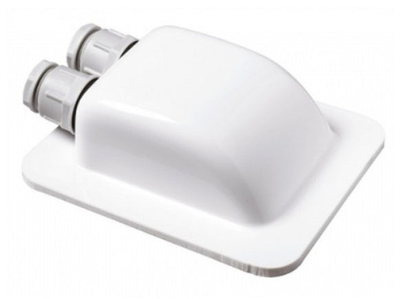 Twin entry grommet 6 mm2, MT-CG2, white moulded cable entry gland with two grey cable glands on a flat base
