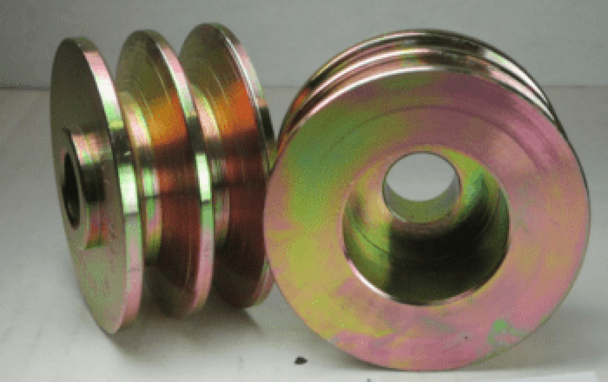 Pulley, dual 2.7 inch by 1/2 inch DeepVee, 17 mm bore, 61-0020, two gold-yellow zinc-plated double groove pulleys