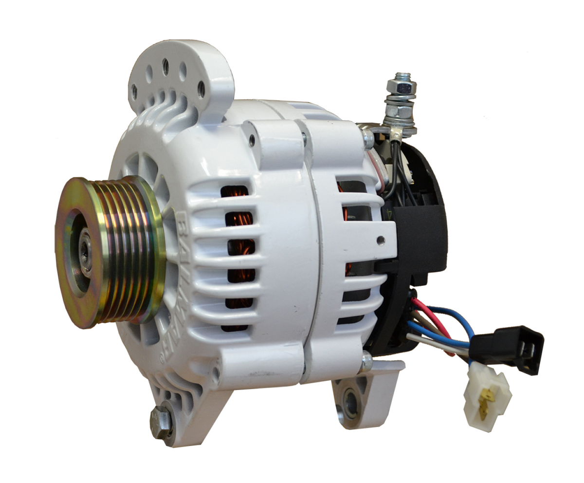 Balmar 60 series alternator 120A 12V, 60-120-K6, white alternator with a gold K6 pulley and a saddle mount, with a harness