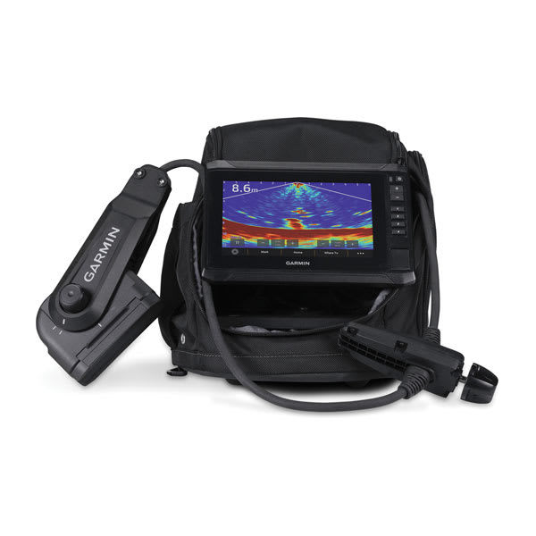 Garmin Panoptix PS22-IF ice fishing bundle 010-02683-30, ECHOMAP UHD2 72sv in the bag with transducer attached