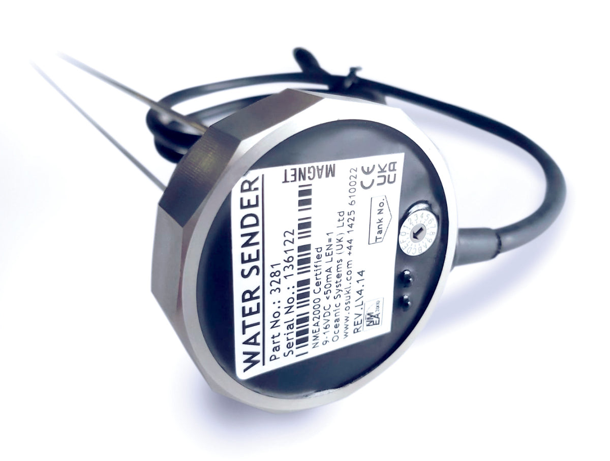 Oceanic Systems NMEA 2000 stainless fresh water sender, TS-OS-W-BSP-3281-1000, round head labelled Water Sender with a rod