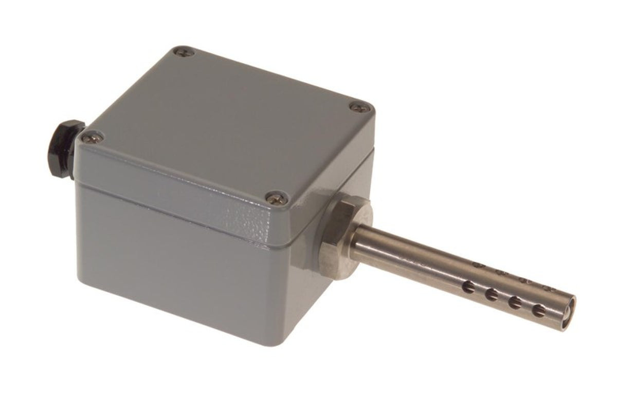 Oceanic Systems 4525 engine room air temperature sensor, grey box with a steel probe, screws and a cable gland