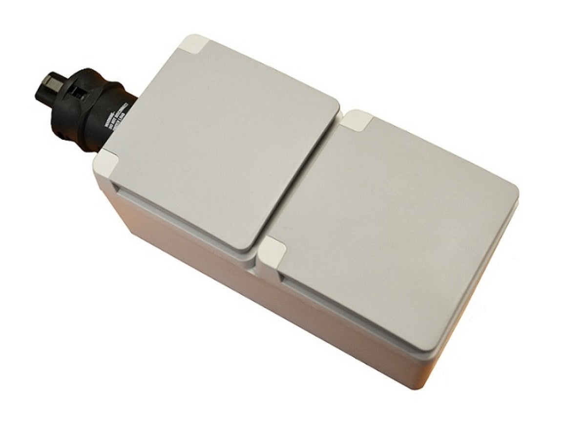 Ratio AC16-07-2 16A 230V wall socket 2-way IP55 Schuko, grey box with two hinged covers and a black plug