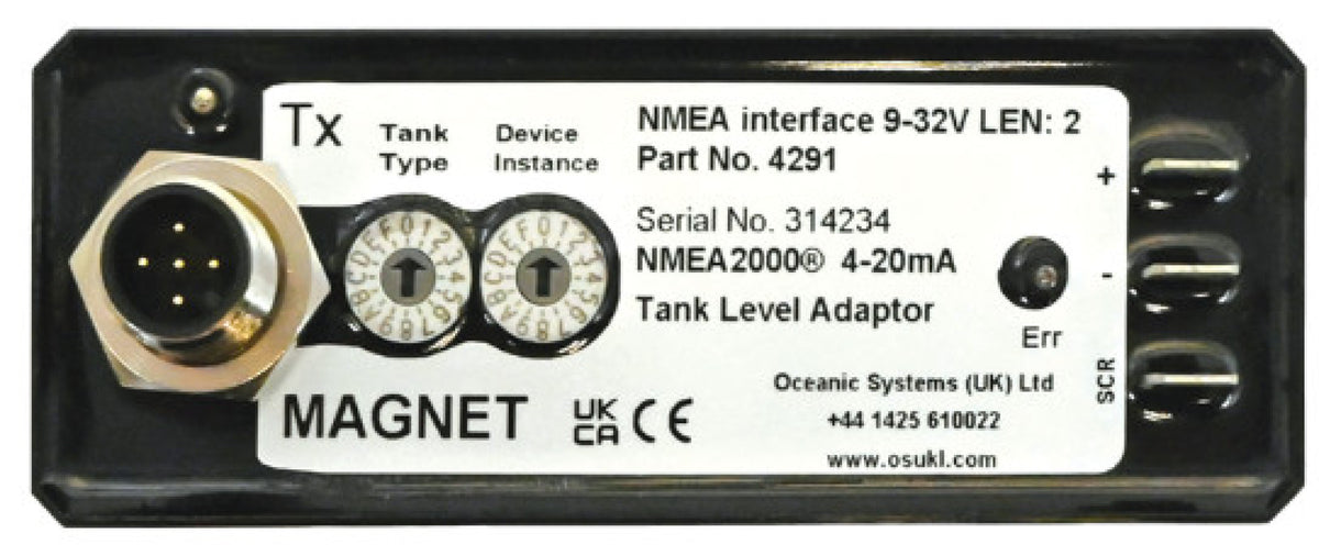 Oceanic Systems 4291 NMEA 2000 4-20 mA tank level adaptor, black box with a round plug, two rotary switches and terminals