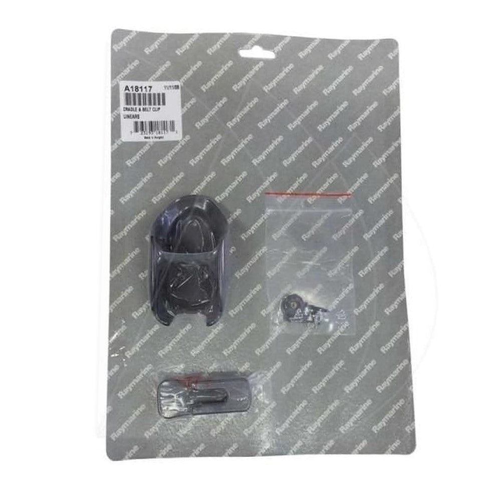 Raymarine A18117 smart controller cradle and belt clip, black clip and small screws in clear bags on a grey backing card