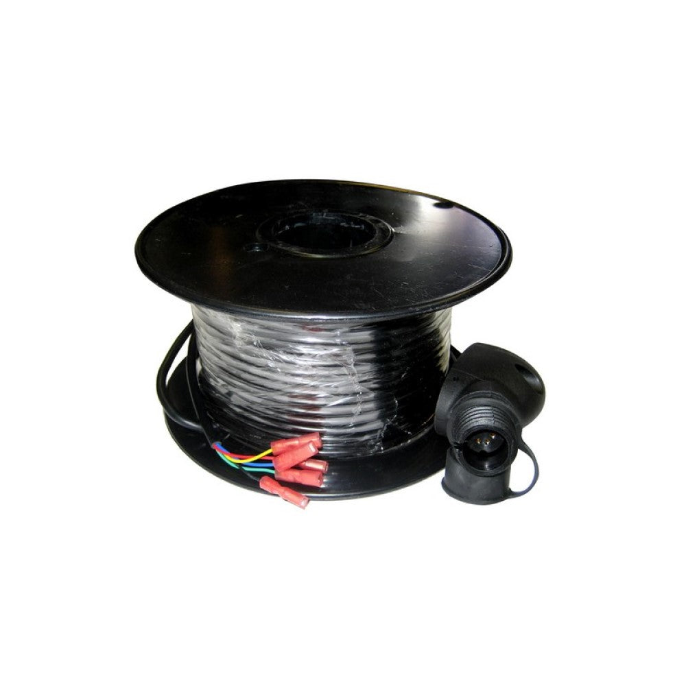 Raymarine A28163 50 m wind cable assembly, large reel of black cable with red terminals and a black plug cap