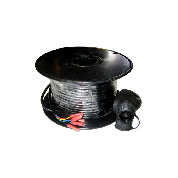 Raymarine A28163 50 m wind cable assembly, large reel of black cable with red terminals and a black plug cap