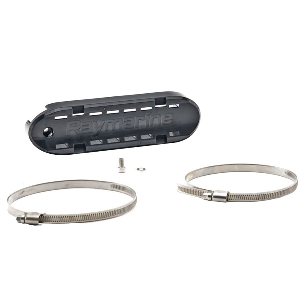 Raymarine A80557 HV-100 trolling motor mount, black moulded cover with Raymarine lettering and two steel hose clamps