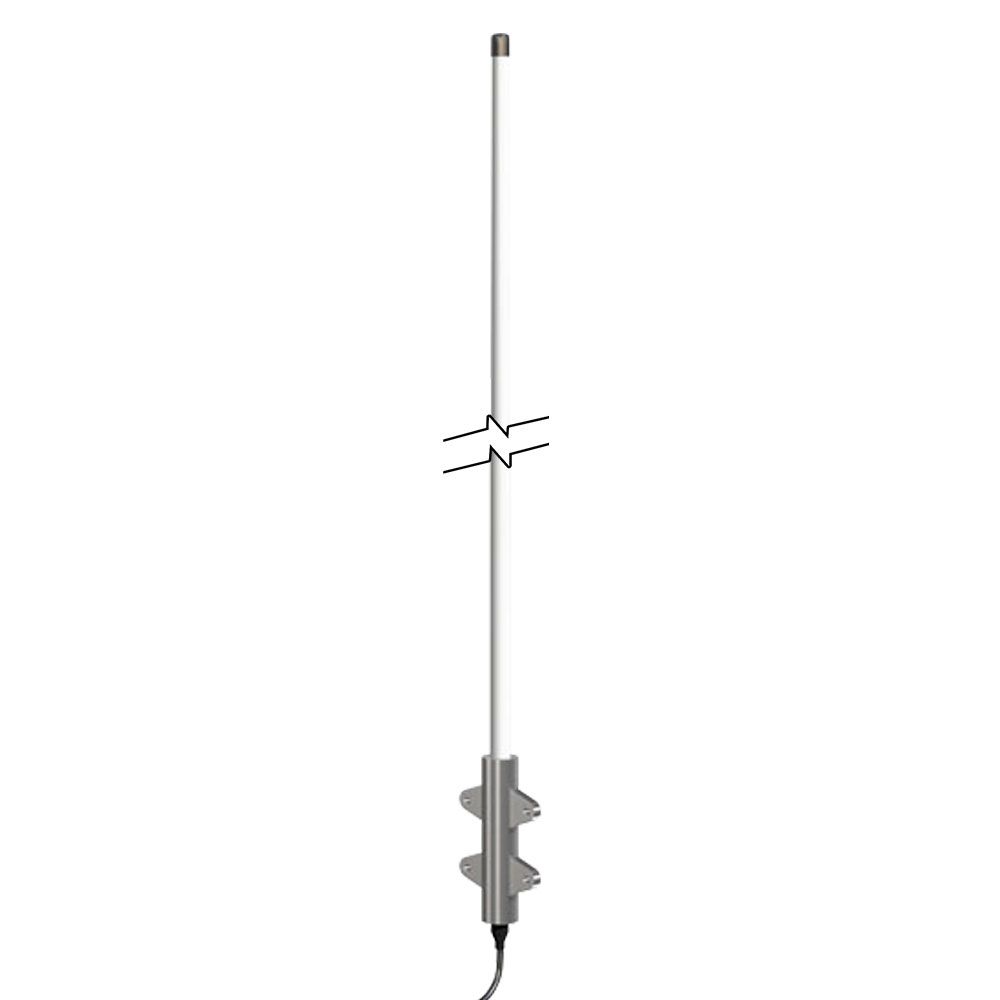 Raymarine A80590 AIS5000 VHF antenna, tall slim white whip antenna with a break mark and a clamp base