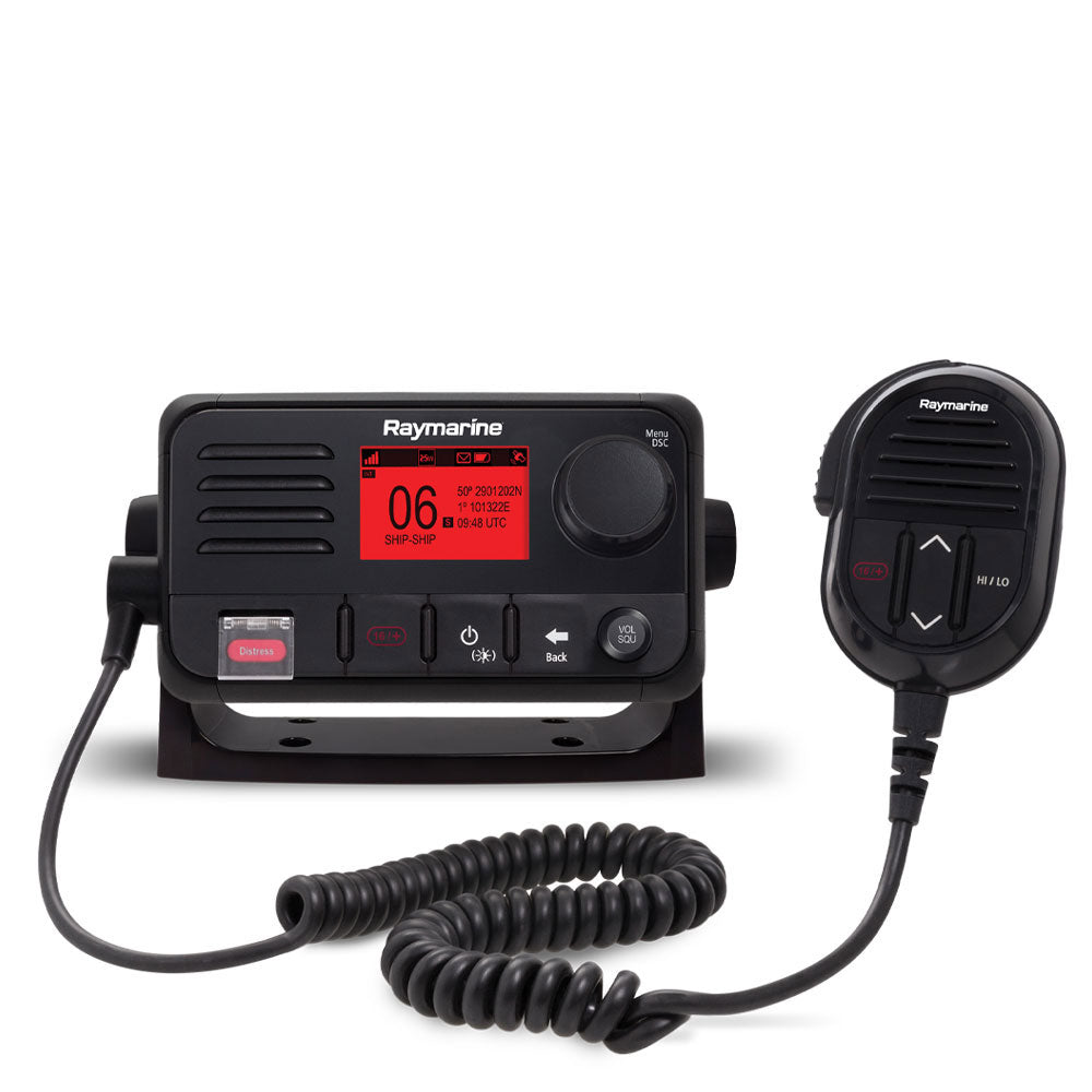 Raymarine E70524 Ray53 VHF radio with integrated GPS receiver, black radio, red display showing channel 06 and handset