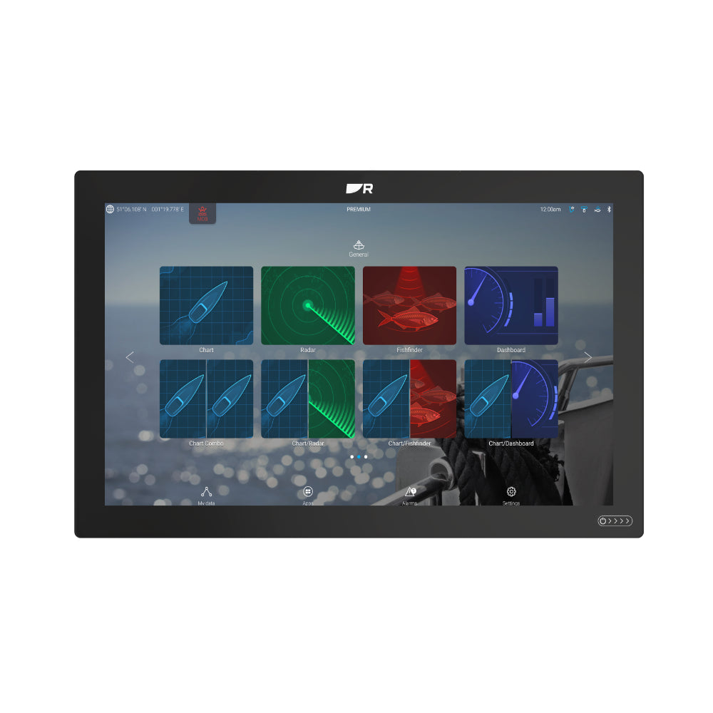 Raymarine E70663 Axiom 2 XL 22, front view of black widescreen display showing home screen app tiles
