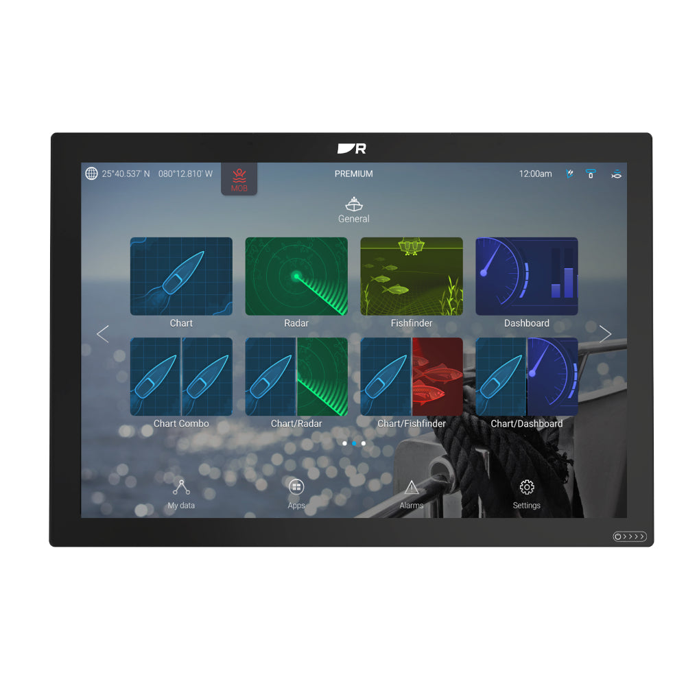 Raymarine E70664 Axiom 2 XL 24 chartplotter, front view of a large black display showing app tiles of boat and radar