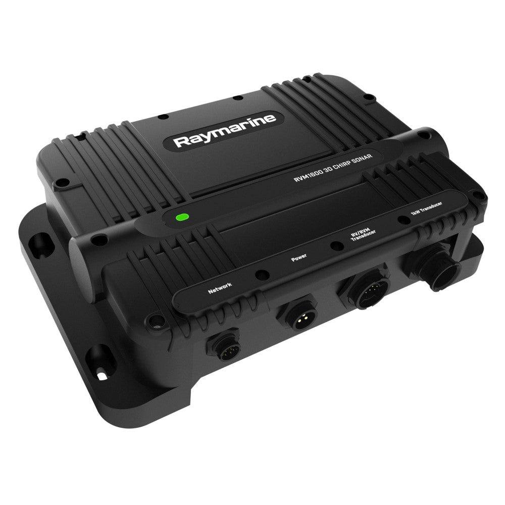 Raymarine E70665 RVM1600 RealVision MAX 3D CHIRP sonar module, angled view of black module with mounting feet