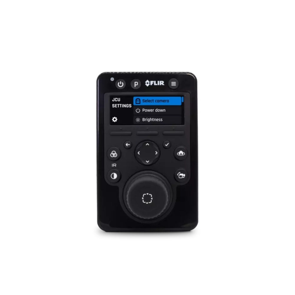 FLIR E70695 JCU-4 joystick control unit for M-Series IP thermal cameras, black keypad with a screen showing JCU settings