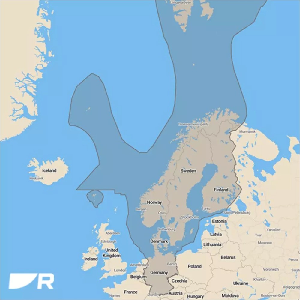Raymarine R70794-NEU LightHouse chart coverage map of Northern Europe, shaded area from Iceland to the Baltic