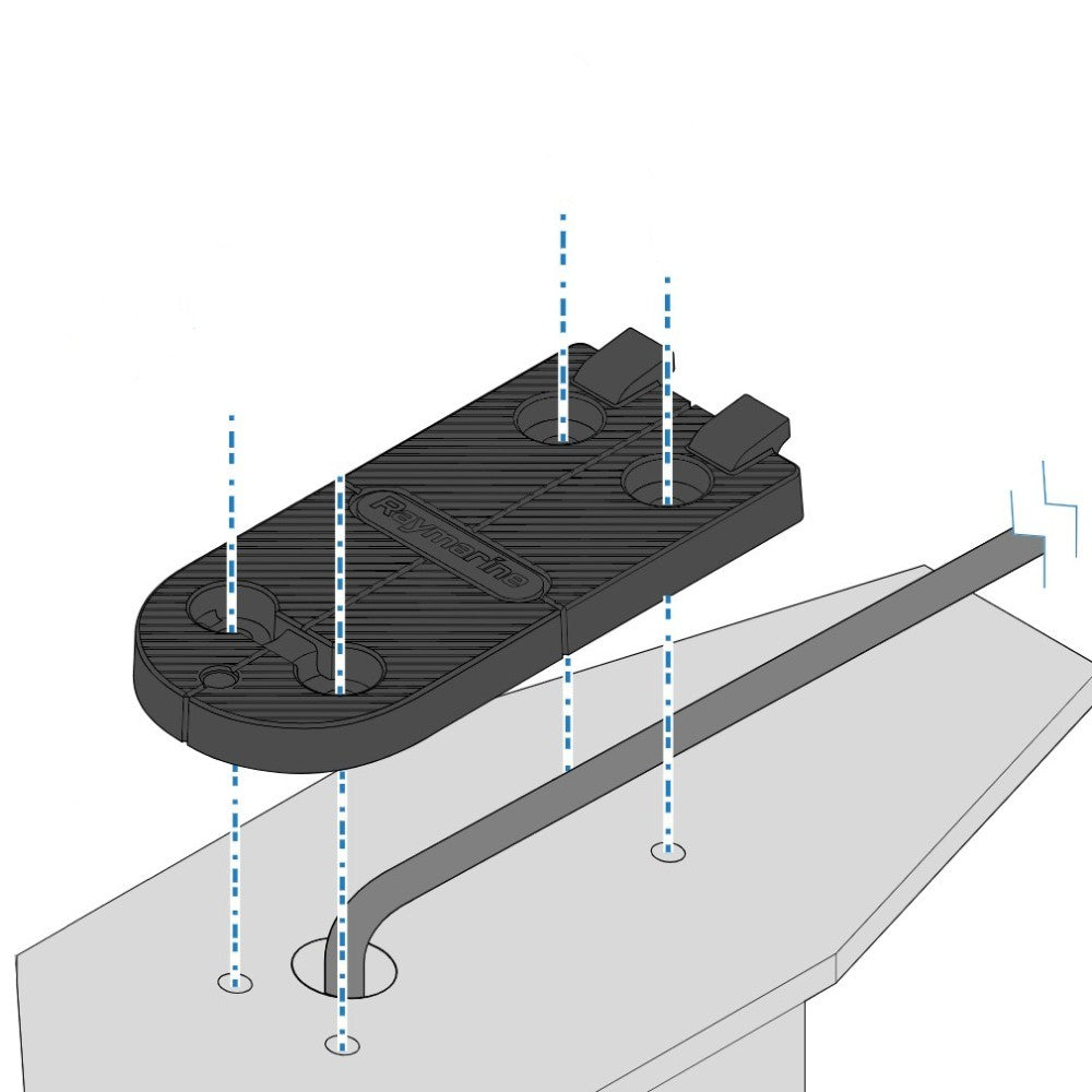 Raymarine R70950 RSW mounting plate, diagram of a black plate with four fixing holes on a mast arm