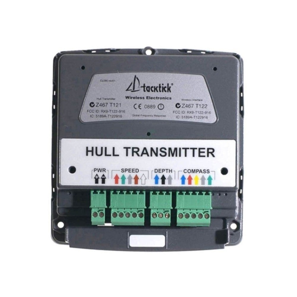 Tacktick RT121 hull transmitter replacement, grey wireless unit with green terminal blocks for power, speed and depth