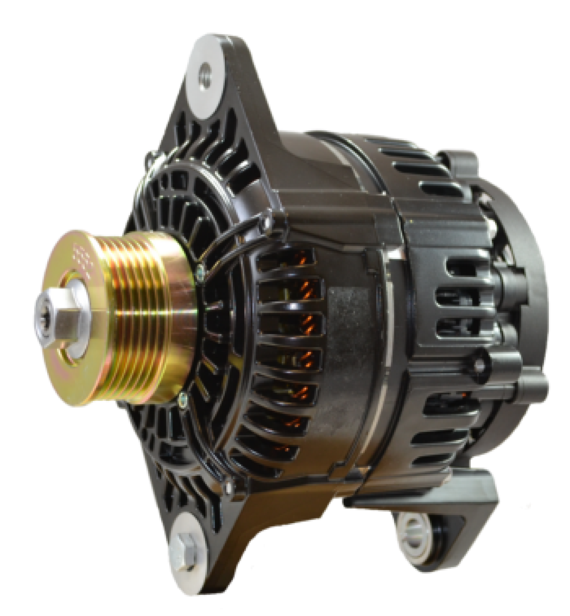 Balmar 97XD series alternator 190A 24V, 97XD-24-190, black alternator with a gold multigroove pulley and a saddle mount