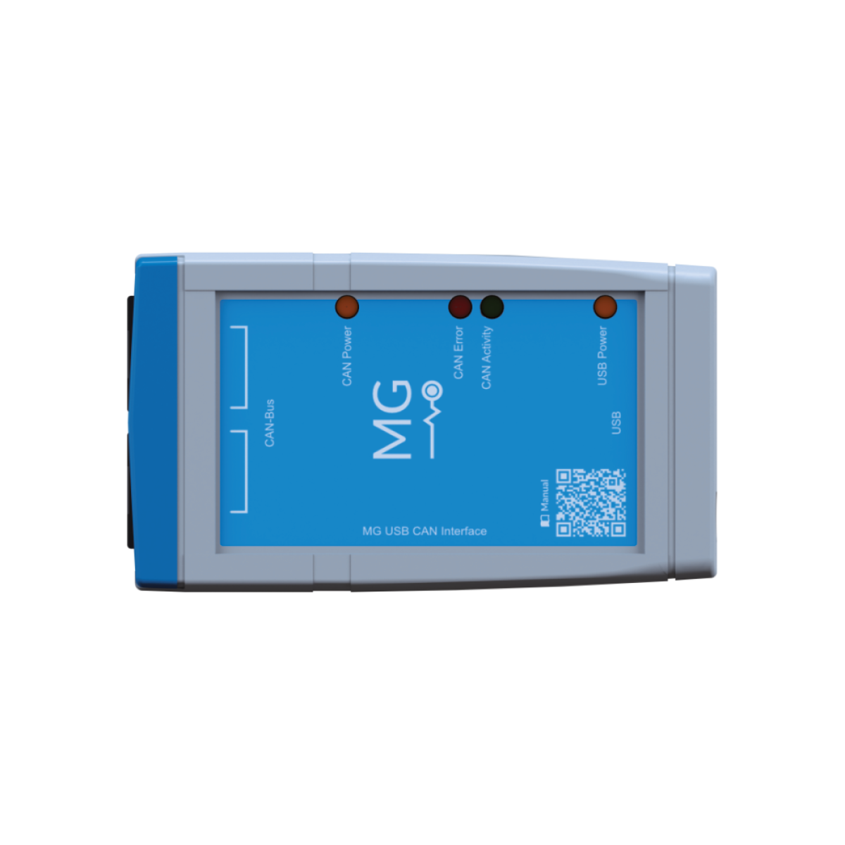 MG Energy Systems USB CAN interface module, MGUSBCAN001, blue and grey box with an MG logo, four status lights and a QR code