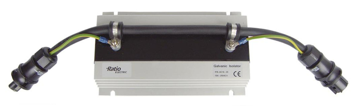 Galvanic isolator for the AC16 system 16 amp, AC16-20, aluminium bar-shaped unit with a black cable and plug at each end