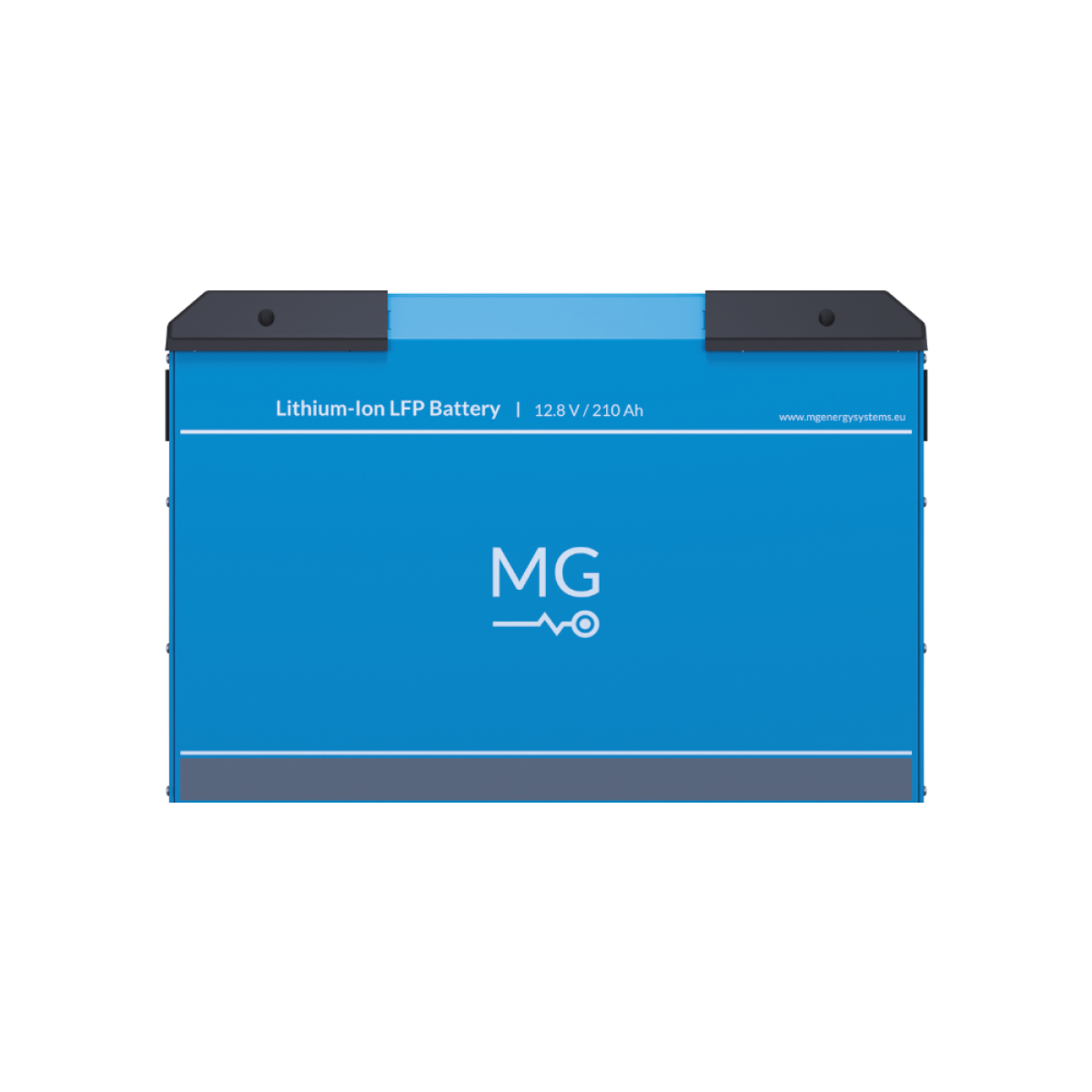 MG Lithium battery LFP 12.8V 210Ah 2700Wh, MGLFP120210, blue battery case with black corners and an MG logo, RJ45 CAN