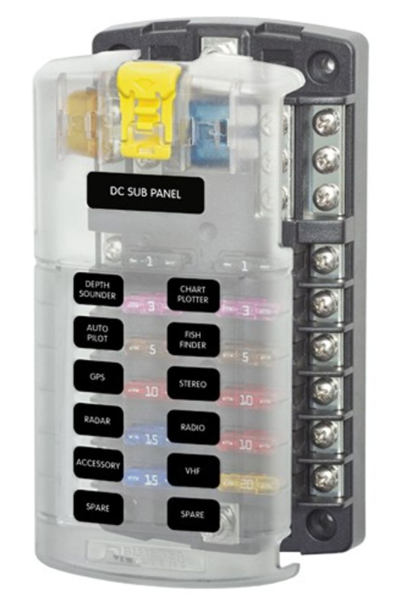 Blue Sea fuse block for 12 ST blade fuses, 8-25026, clear-covered fuse block with a labelled DC sub panel and terminals