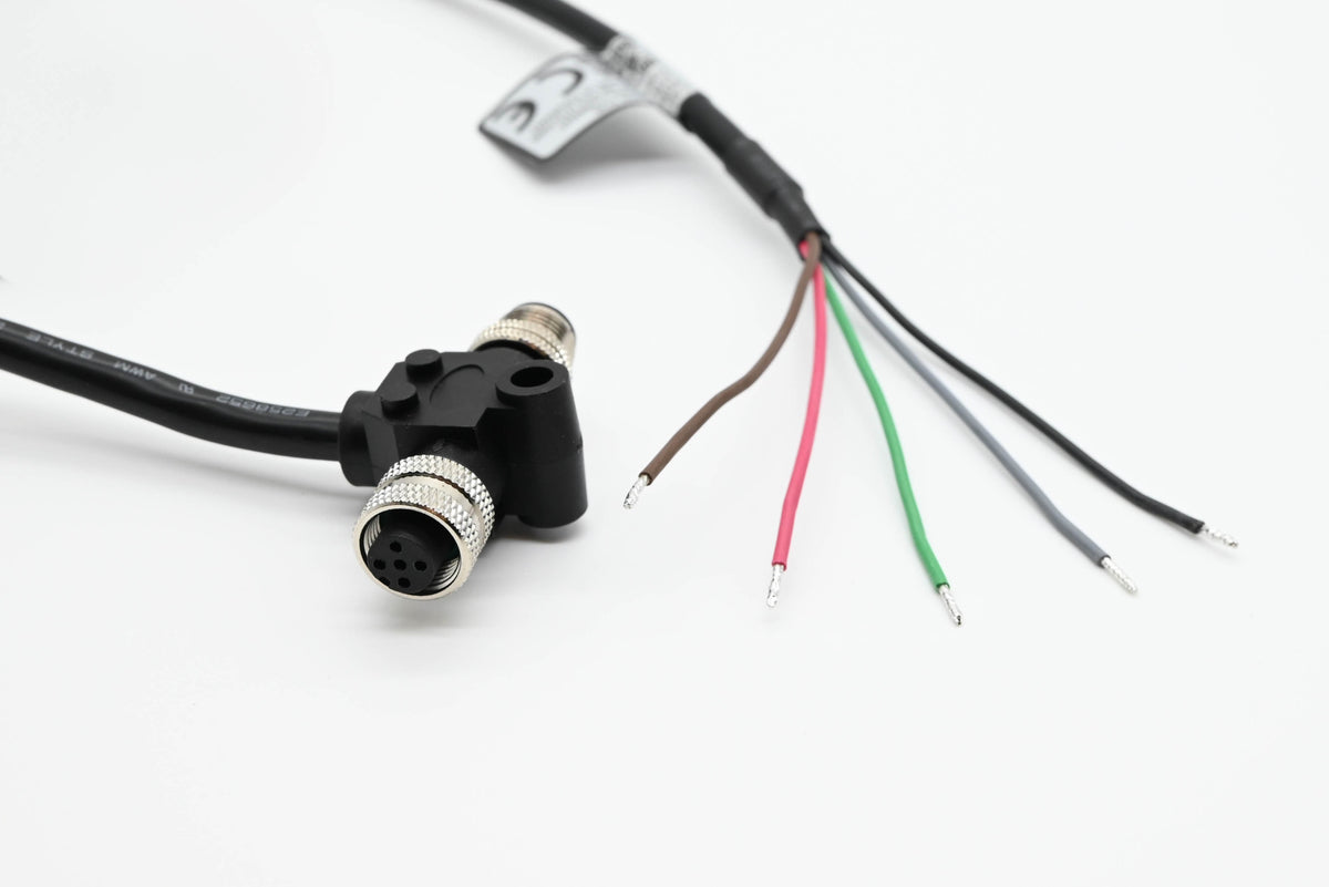 Oceanic Systems 3832 micro power T dual feed cable, black T connector with a cable and five bare coloured wires