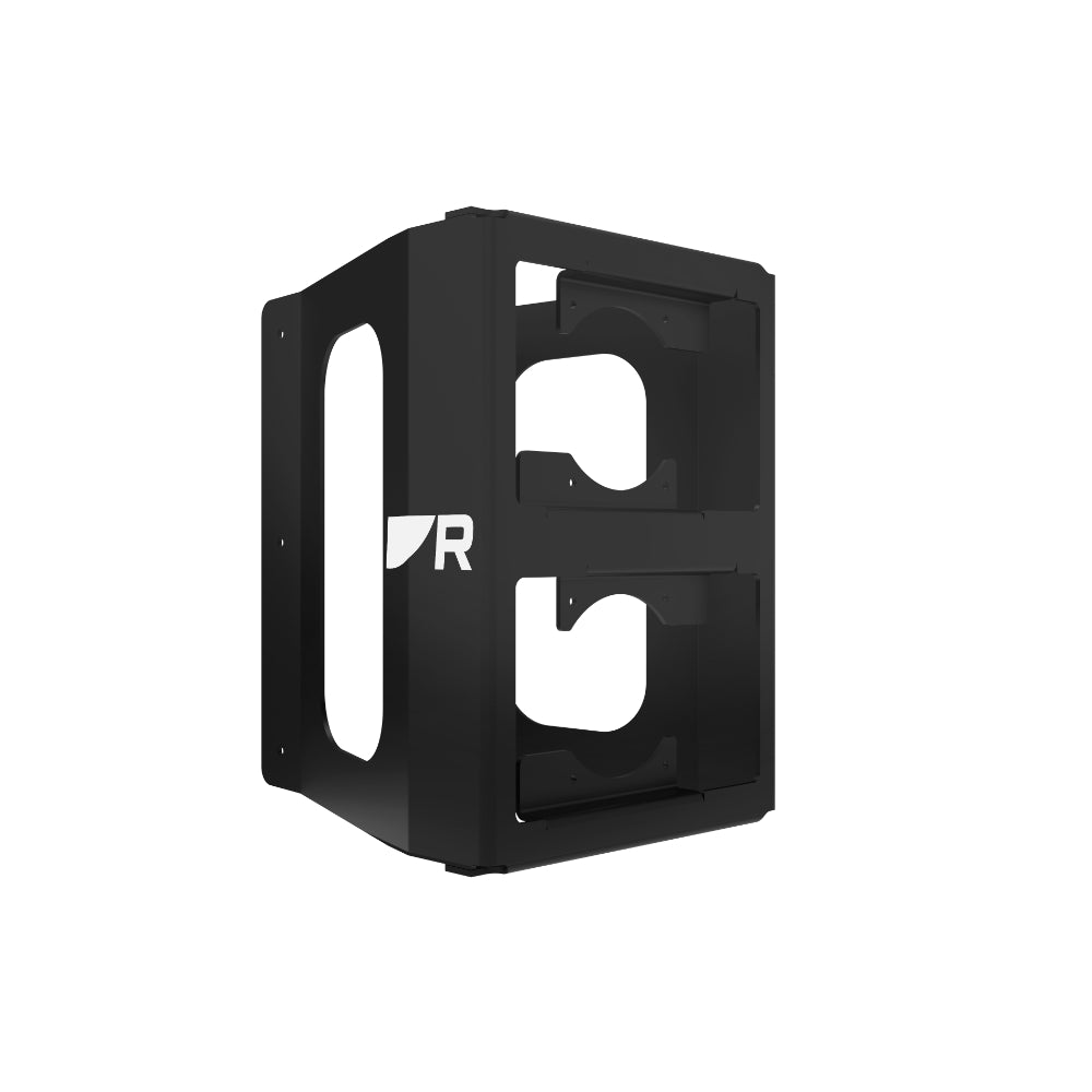 Raymarine A80712 Alpha 7 dual mast bracket landscape, empty black steel bracket with an R logo on its side