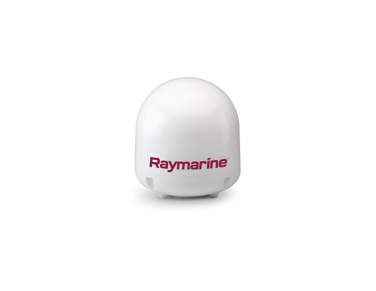 Raymarine 37STV 37cm satellite TV antenna E70457, front view of the white dome with the Raymarine logo