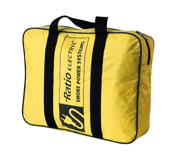 Ratio shore cord organiser and storage bag, 70021, yellow zip bag with black handles and a Ratio Shore Power Systems label