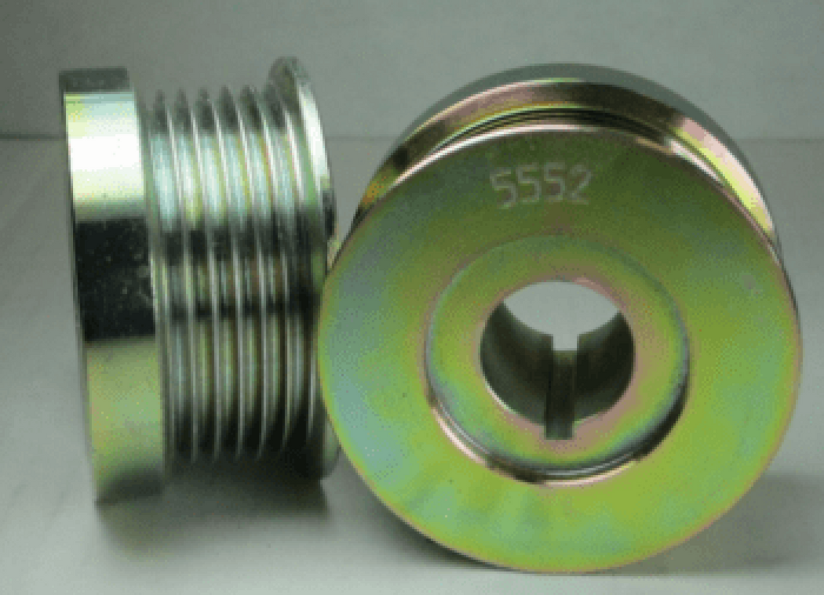 Pulley, K-6 2.7 inch serpentine, 0.875 inch bore, 5552, silver six-rib pulley shown side-on and face-on