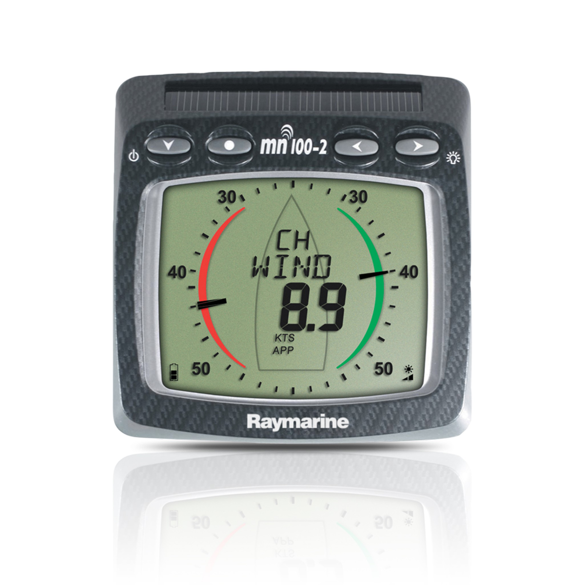 Raymarine T112-916 wireless multi analogue display, close front view of the wind angle dial and speed reading