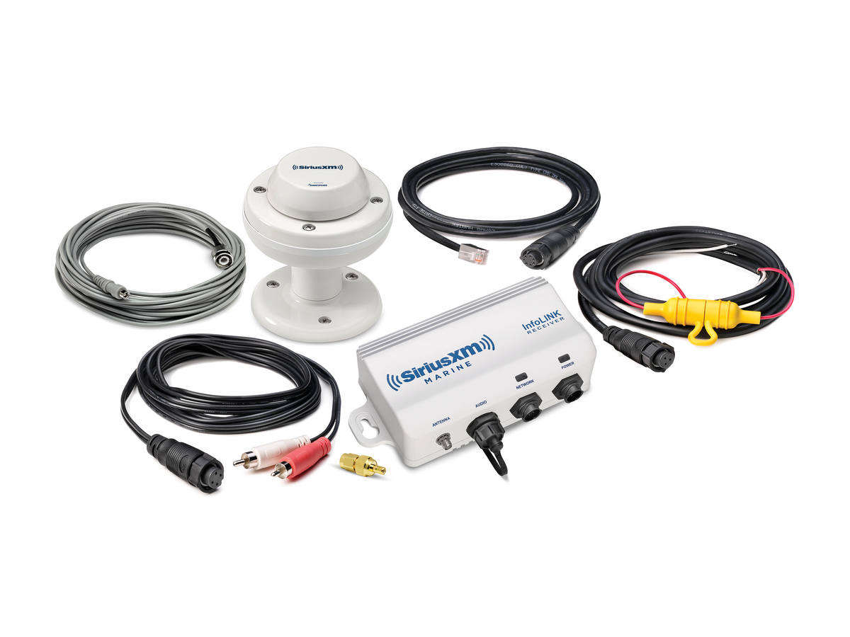 Raymarine SR200 SiriusXM InfoLink weather receiver kit E70499, kit contents with receiver, antenna and cables