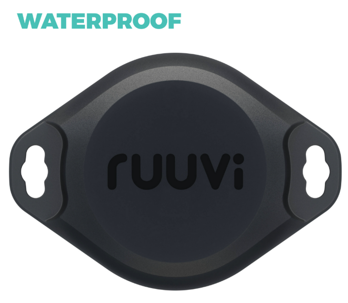 RuuviTag Pro 2 in 1 sensor, black eared sensor with a ruuvi logo and two slots, with a Waterproof heading