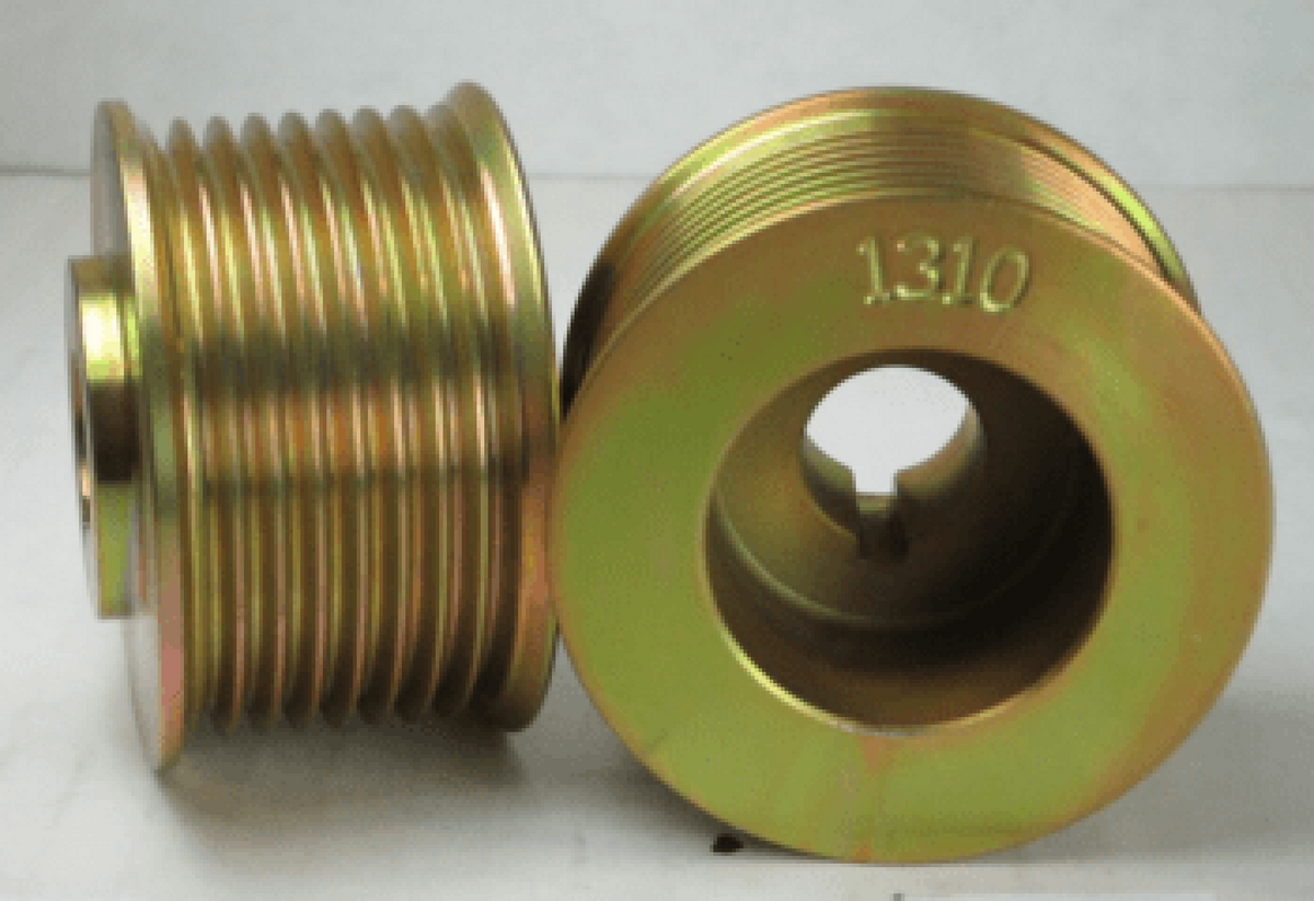 Pulley, K-8 2.4 inch serpentine, 17 mm bore, short, 1310, gold eight-rib pulley shown side-on and face-on