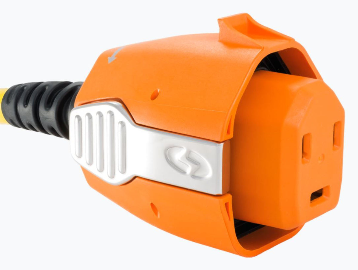 SmartPlug BF30 coupler 30A 125V, orange female coupler body with a white locking latch, black strain relief, yellow cable