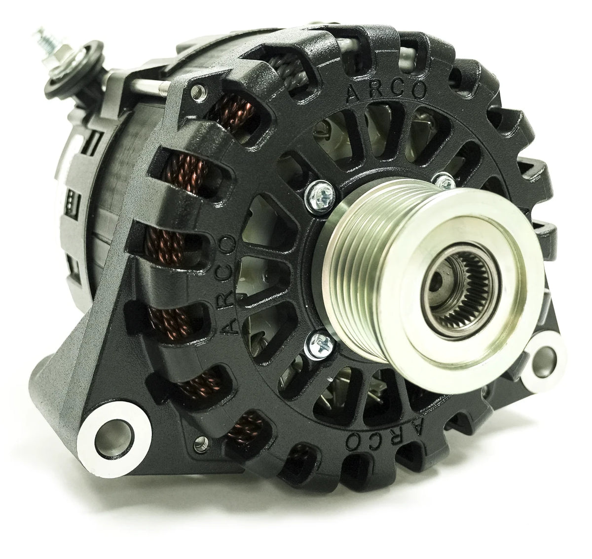 ARCO alternator 12V 275A, 4026, black finned alternator with a silver clutch pulley and an N62 side battery post