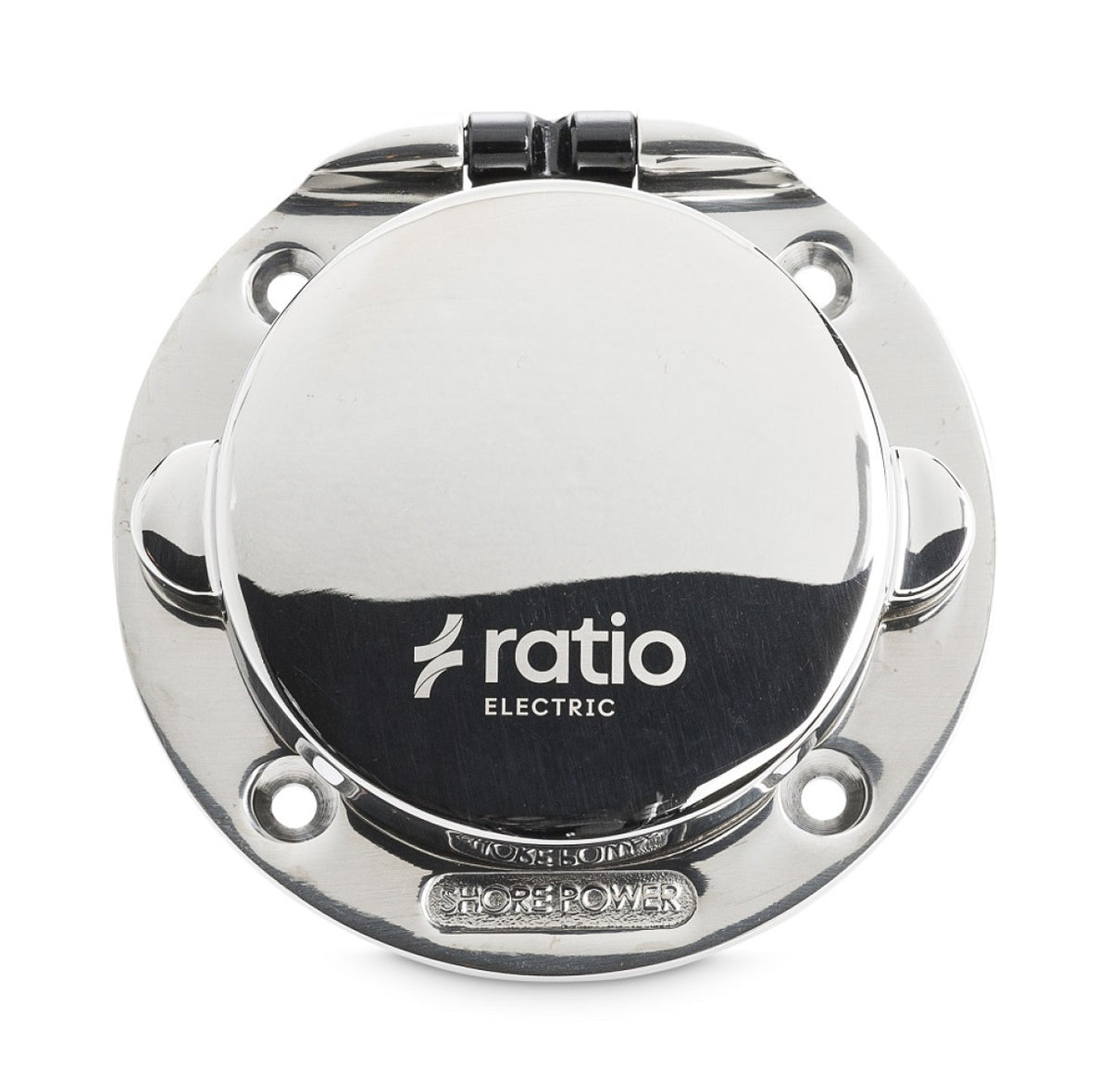 Ratio stainless steel shore power inlet 2P+E 240V 16A, MP16-10, polished round inlet with a hinged cap and ratio logo