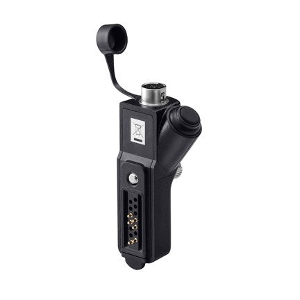 Icom AD-118 accessory connector, black angled adapter with a capped round socket and a multi-pin base