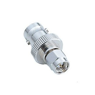 Icom AD-92SMA SMA plug to BNC socket adapter, silver metal adapter with a knurled BNC end and an SMA end