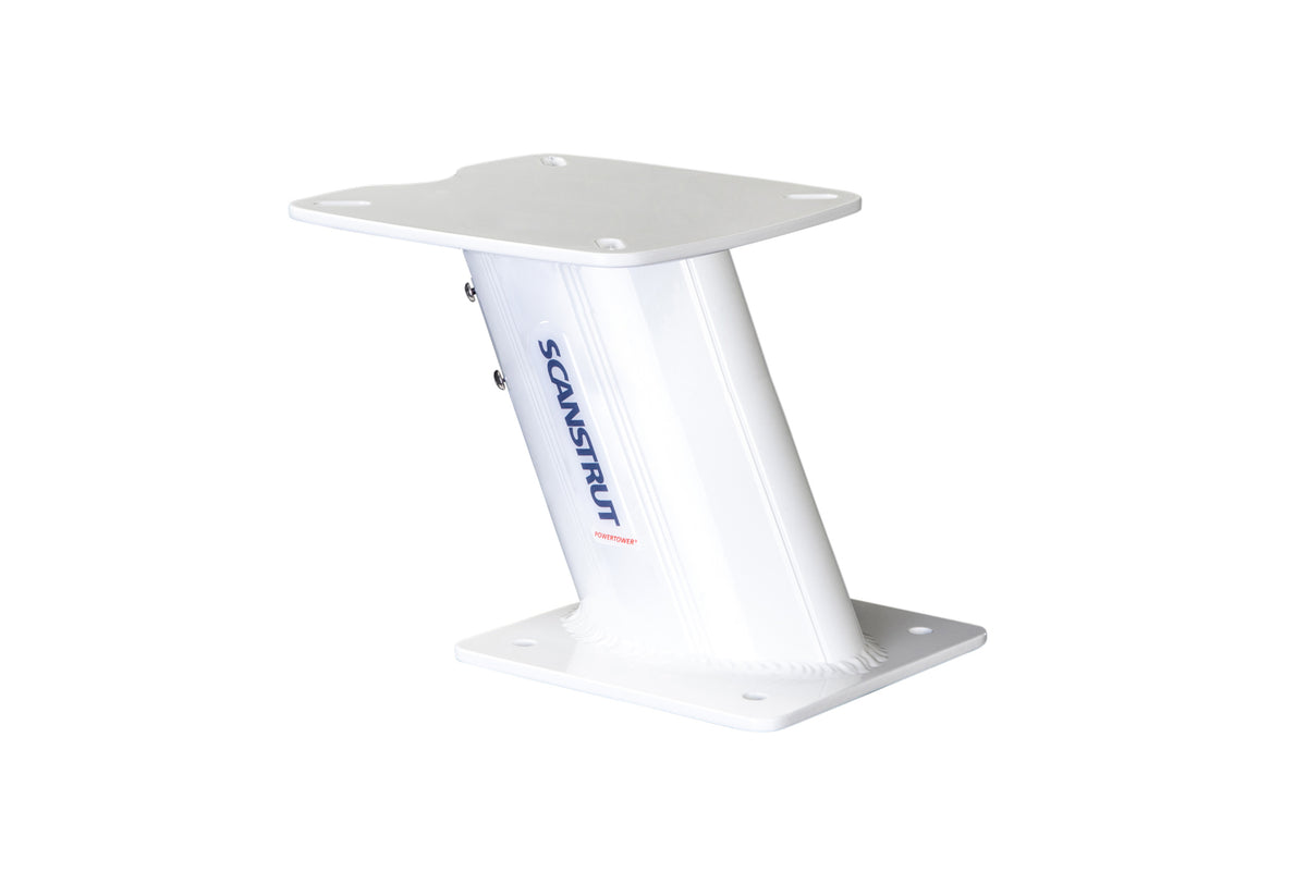 Scanstrut APT-250-02 white aluminium PowerTower angled base and top plate with Scanstrut branding, on white