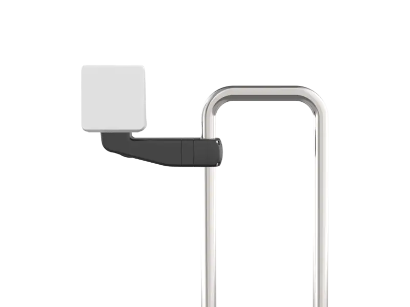 Scanstrut SPR-1U-AM white arm pod on a black arm clamped to a tubular rail, shown on a black background