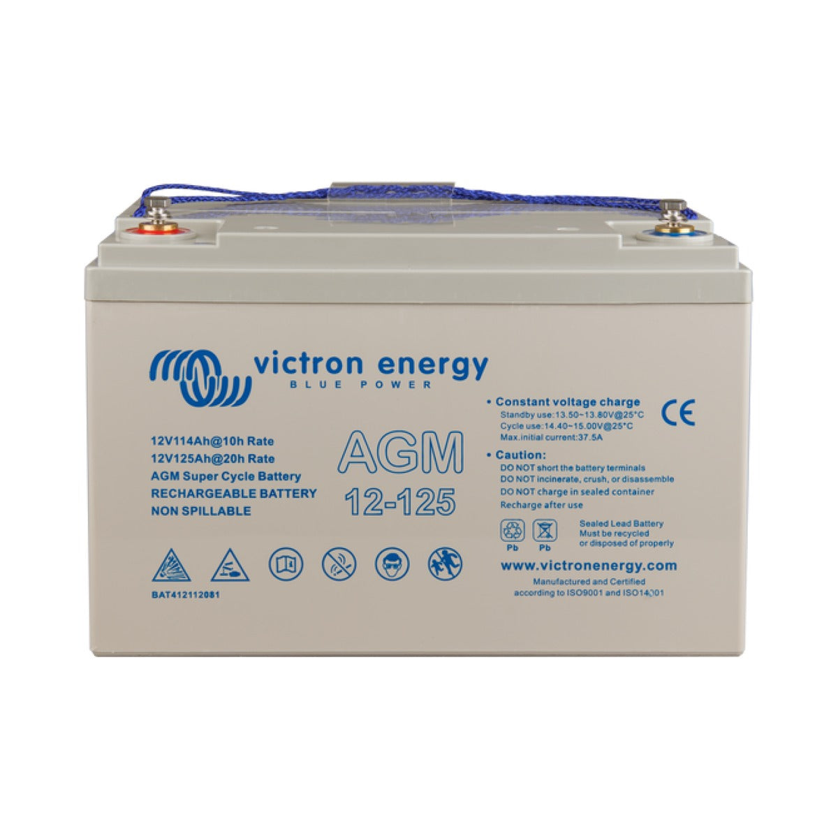 Victron BAT412112081 AGM super cycle battery 12 V 125 Ah, grey battery case with a Victron label and AGM 12-125 text