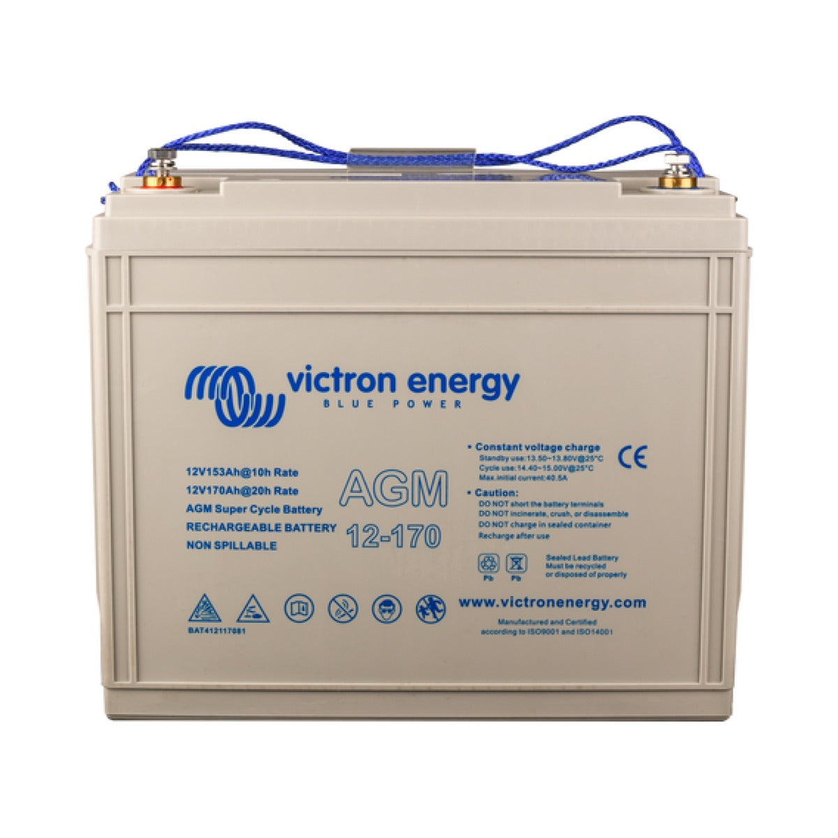Victron BAT412117081 AGM super cycle battery 12 V 170 Ah M8, front view of a cream case with blue lifting straps
