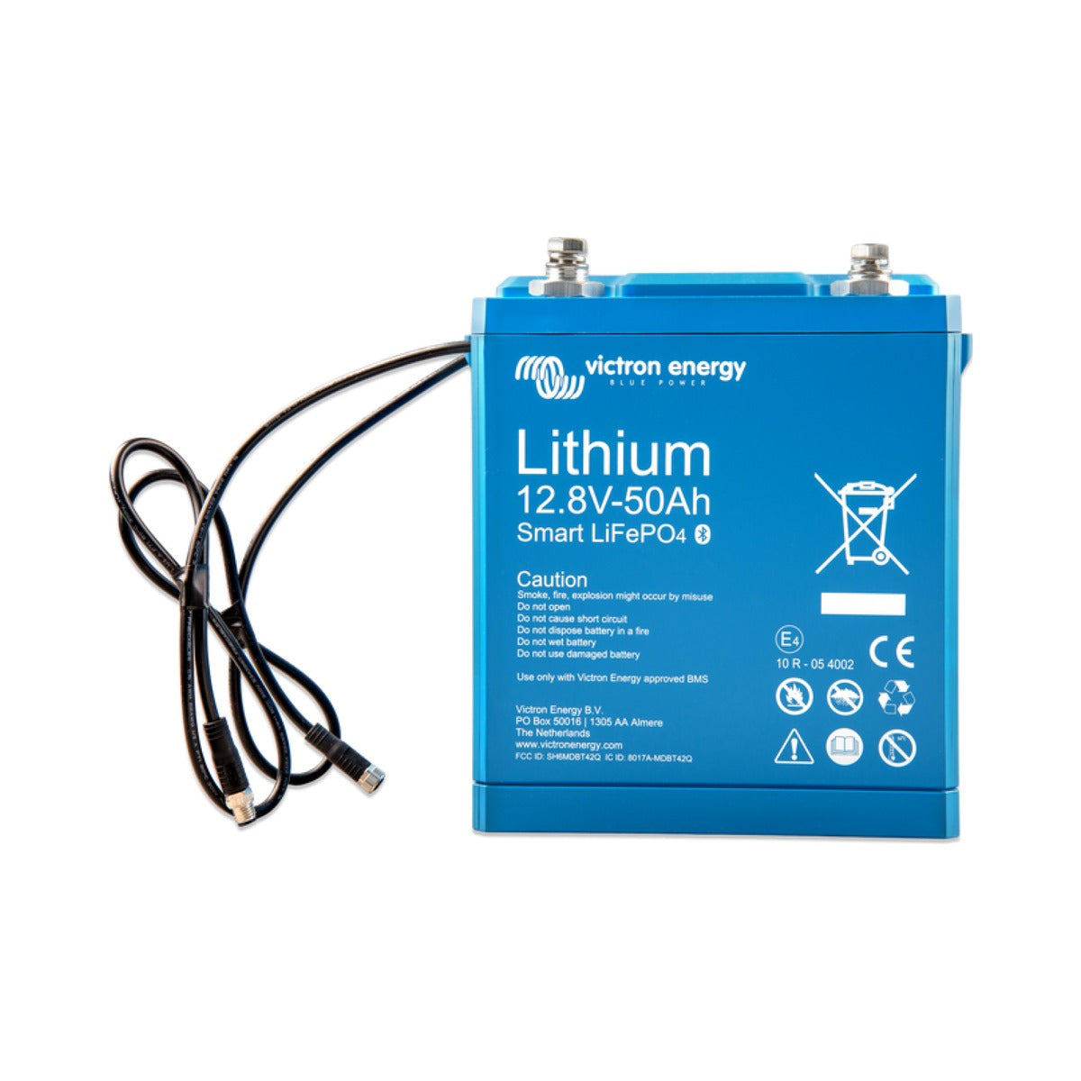 Victron BAT512050610 Lithium Battery Smart 12.8 V 50 Ah, flat blue lithium battery with a LiFePO4 label and black leads