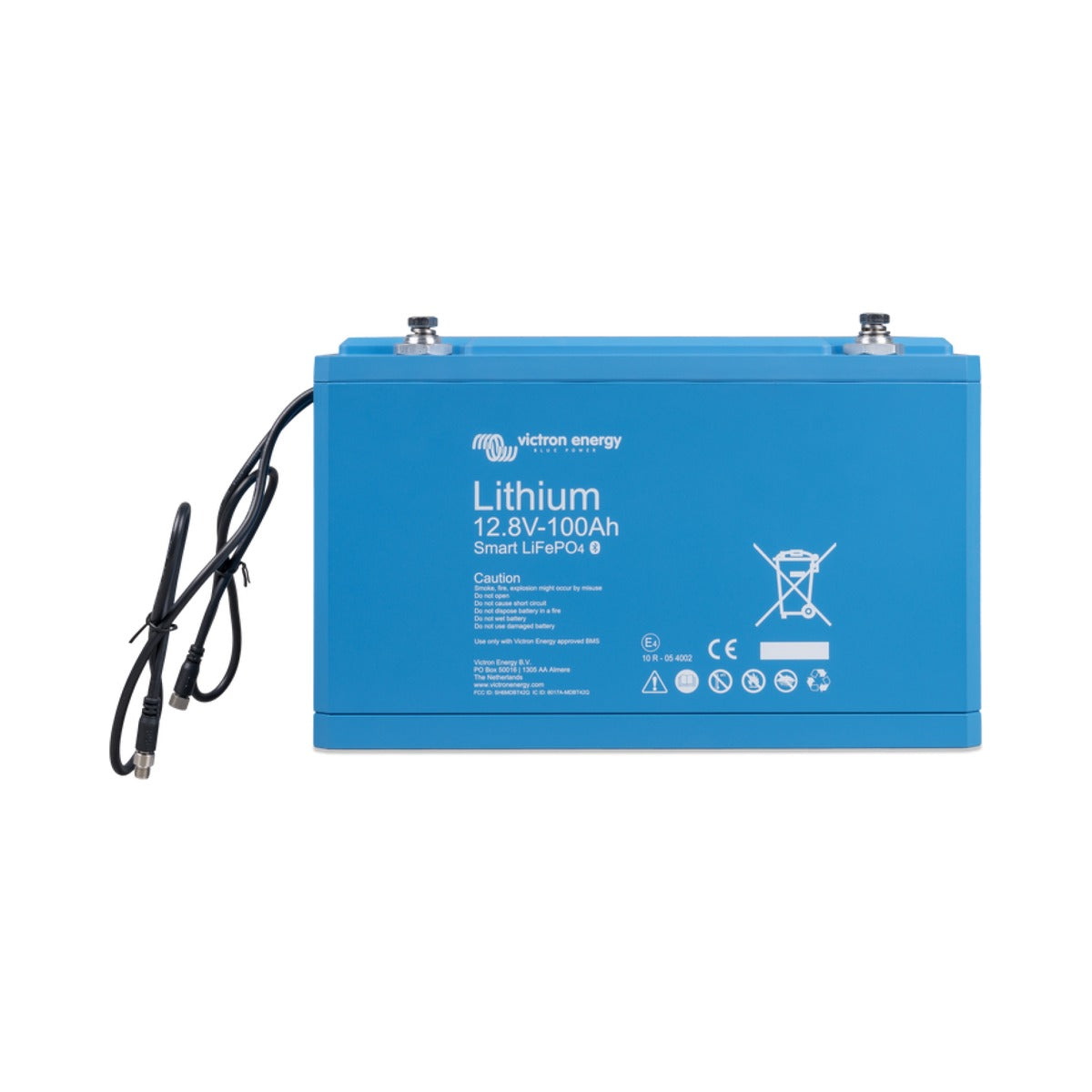 Victron BAT512110610 Lithium Battery Smart 12.8 V 100 Ah, flat blue lithium battery with a LiFePO4 label and black leads