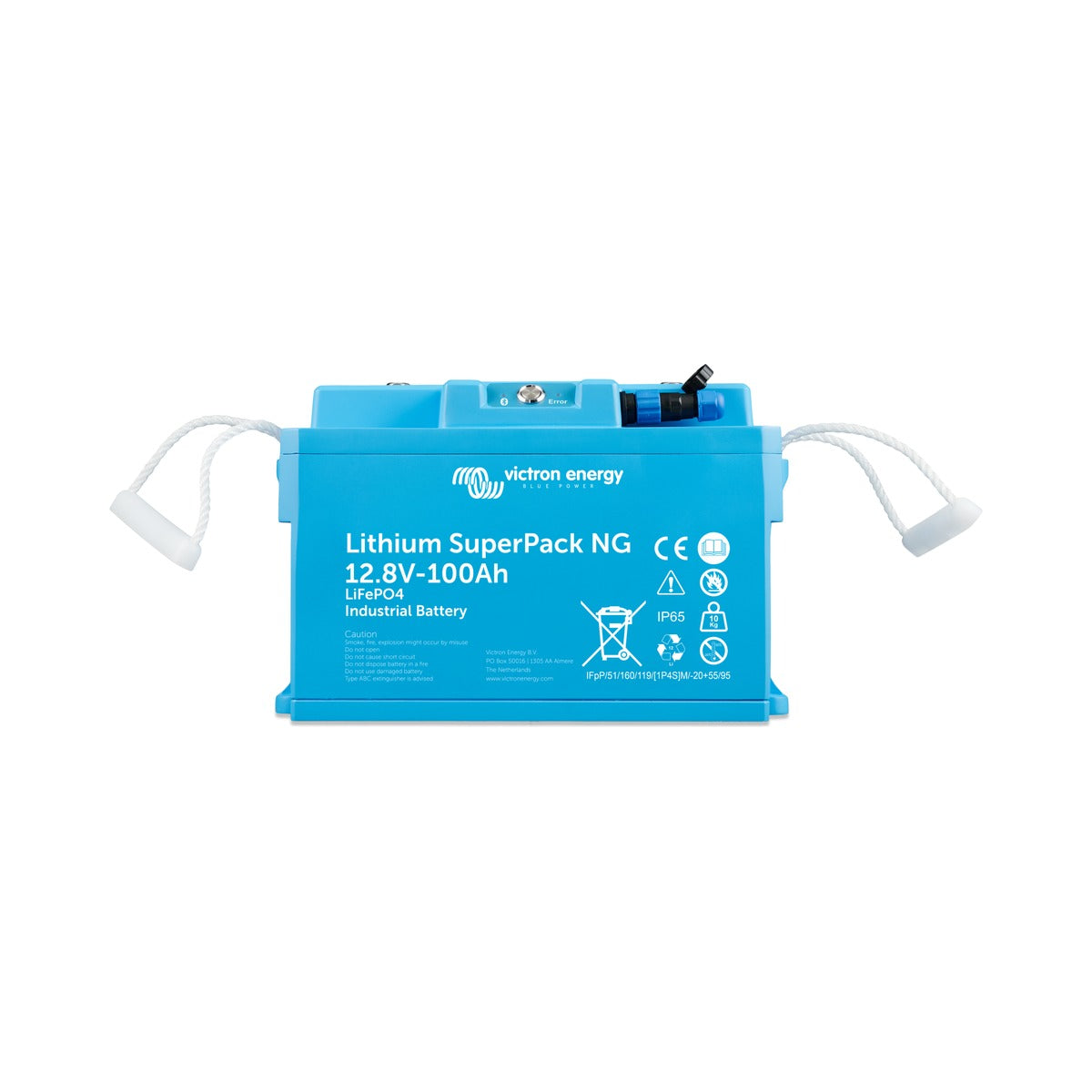 Victron BAT512110740 Lithium SuperPack NG 12.8 V 100 Ah, light blue battery with two white carry straps