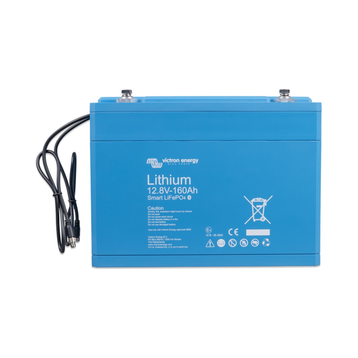 Victron BAT512116610 Lithium Battery Smart 12.8 V 160 Ah, flat blue lithium battery with a LiFePO4 label and black leads