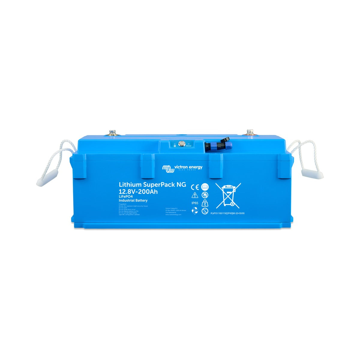 Victron BAT512120740 Lithium SuperPack NG 12.8 V 200 Ah, light blue battery with two white carry straps
